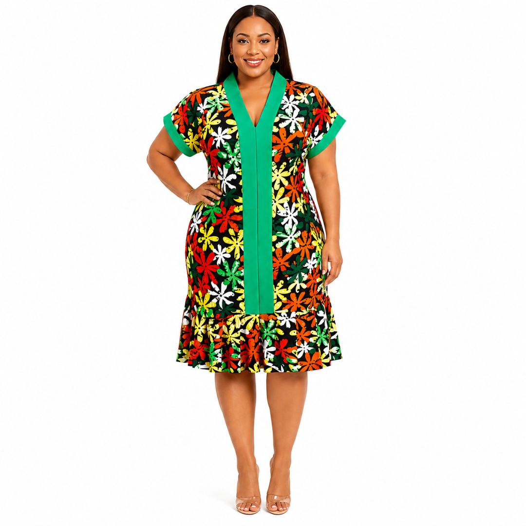 Womens Floral Short Sleeve V Neck Knee Length Dress